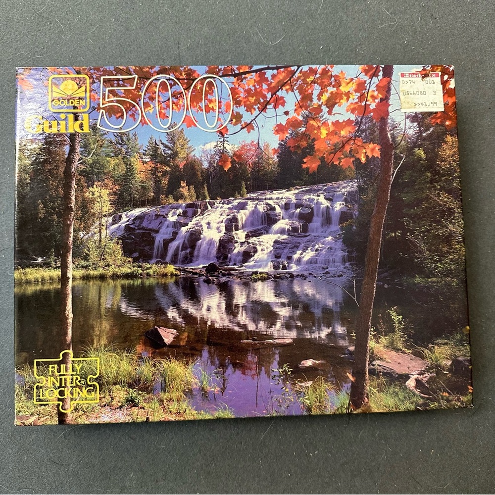 VINTAGE 500pc nature themed puzzle, waterfalls, river, trees, sky